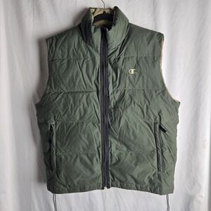 Champion Down Puffer Vest Mens Large Dark Green Embroidered Logos Gorpcore Hike